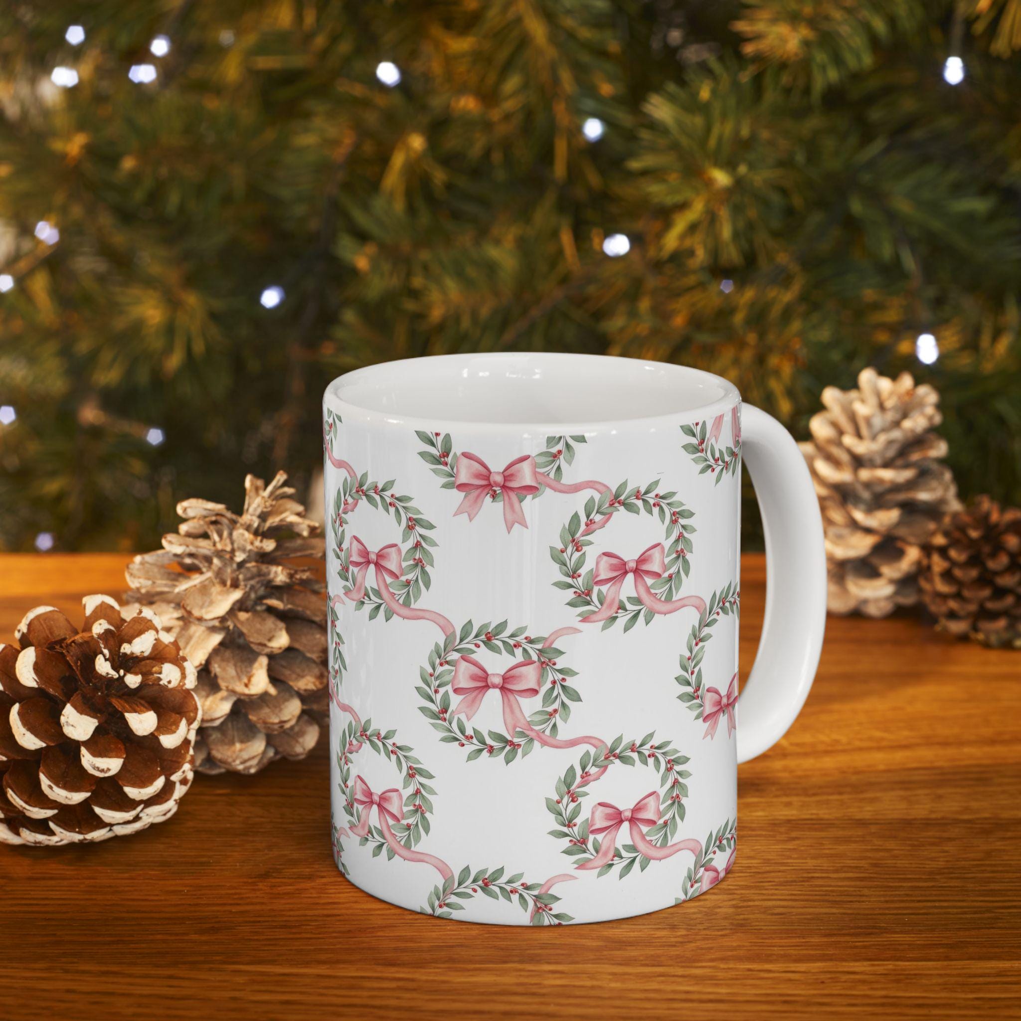 Pink Ribbon Laurel Wreath Mug | Floral Holiday Ceramic Mug