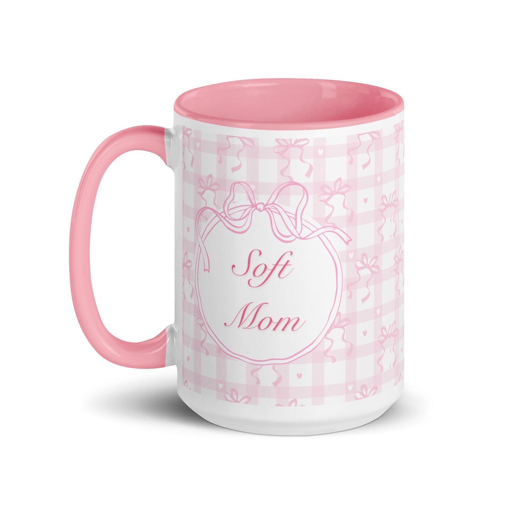 Pink Gingham Bow Mom Mug, Coquette Ceramic Coffee Cup