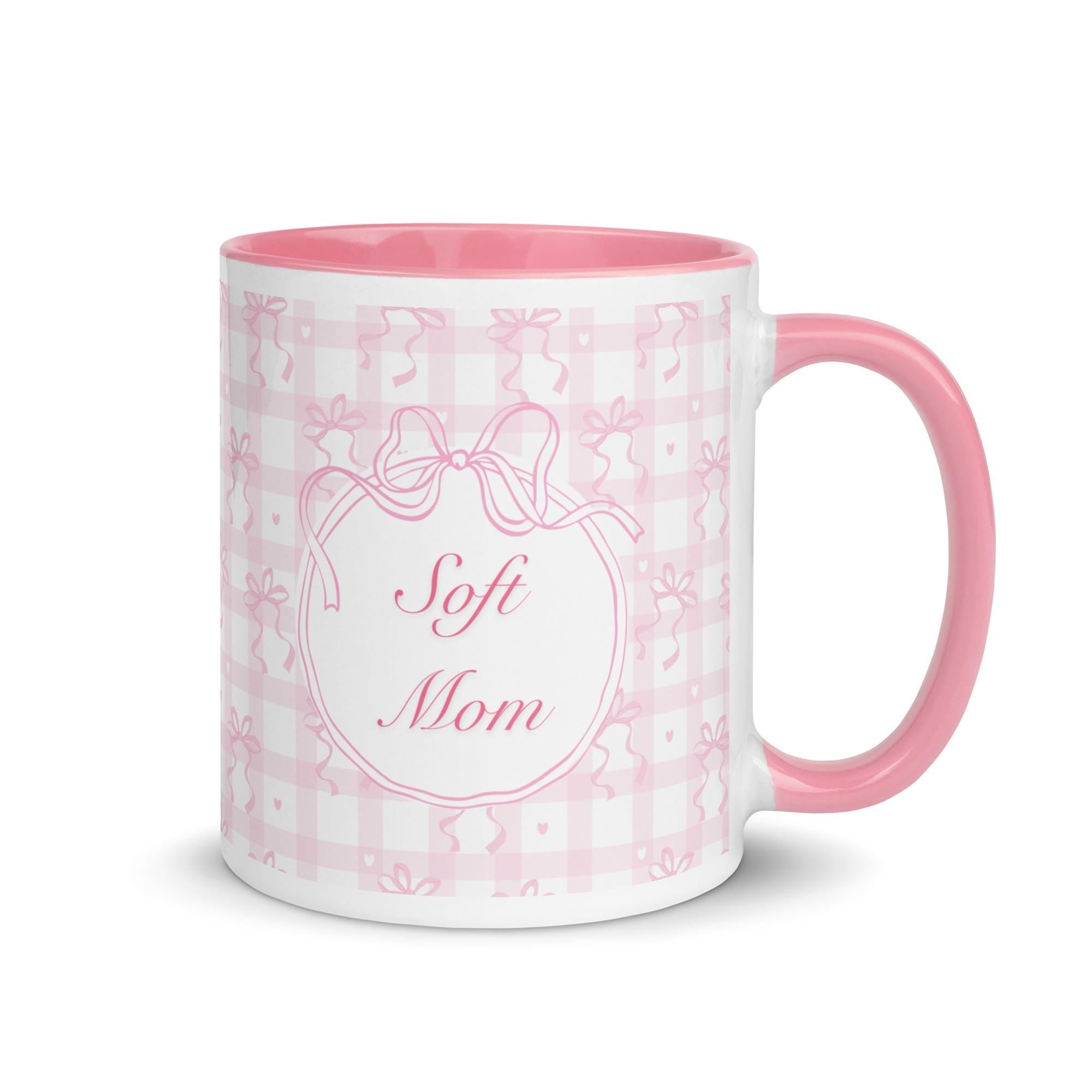 Pink Gingham Bow Mom Mug, Coquette Ceramic Coffee Cup