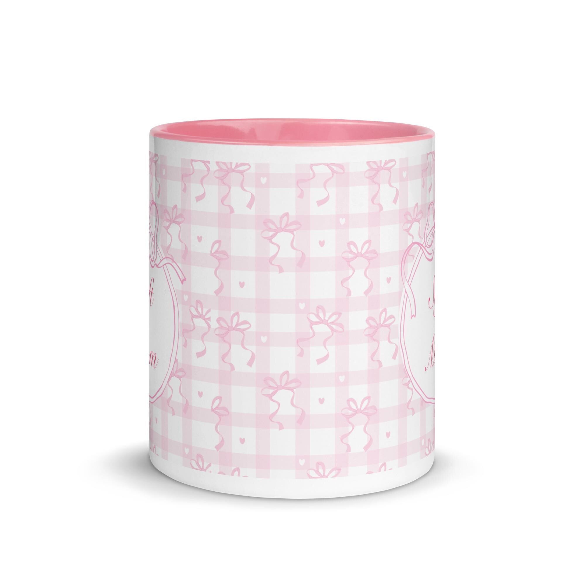 Pink Gingham Bow Mom Mug, Coquette Ceramic Coffee Cup