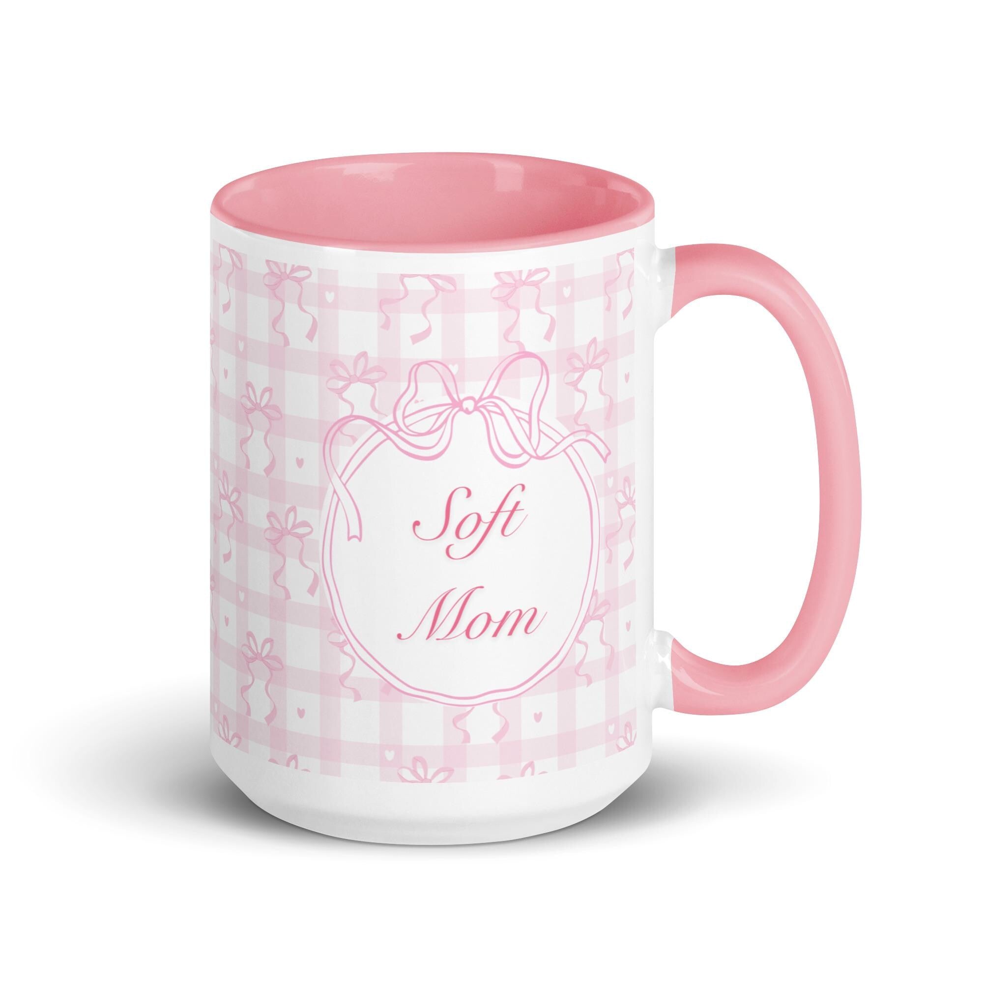 Pink Gingham Bow Mom Mug, Coquette Ceramic Coffee Cup