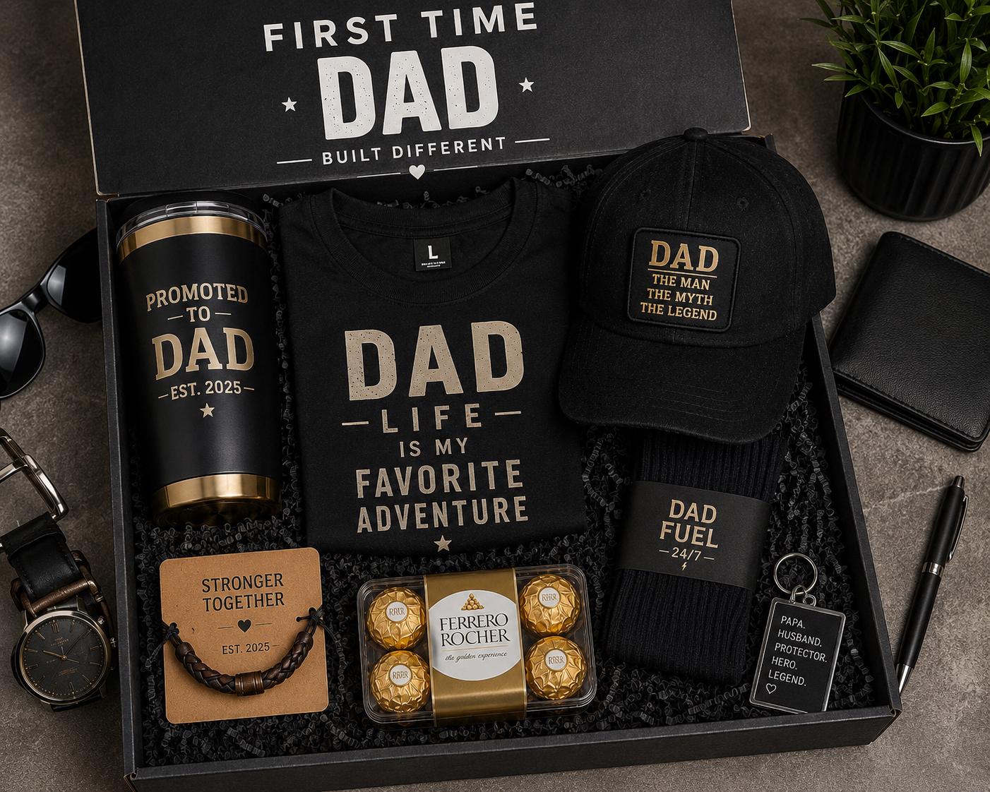First Time Dad Gift Box | Tumbler, T-Shirt, Cap, Mug, Keychain, Chocolates