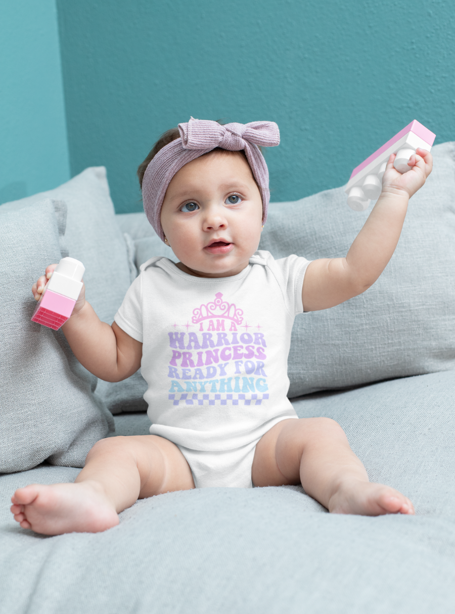 For moms who want something special: "I Am a Warrior Princess Ready for Anything" baby bodysuit. Soft fabric, beautiful design, and an inspiring message.